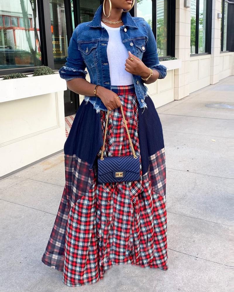 

Plaid Colorblock Pleated Maxi Skirt, Red