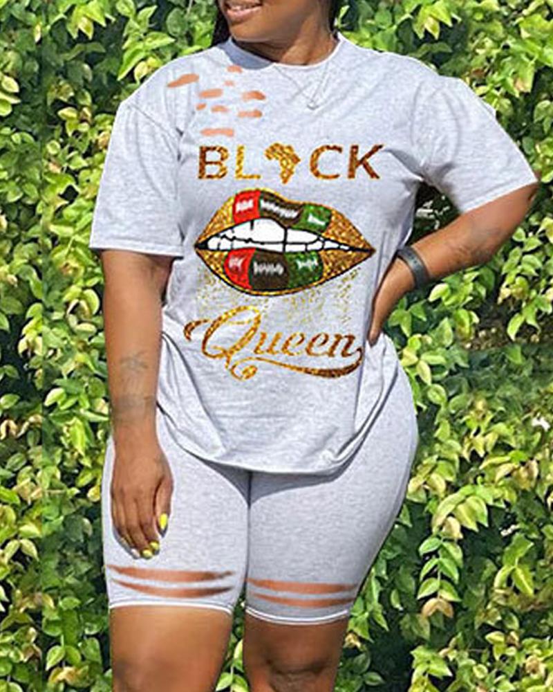 

Black Queen Lip Print Hollow Out Casual Top & Shorts Set, Gray