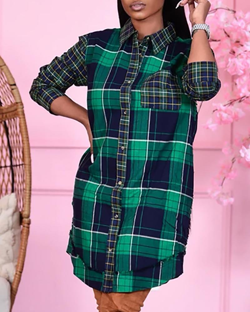 

Button Pocket Design Plaid Print Shirt Dress, Green