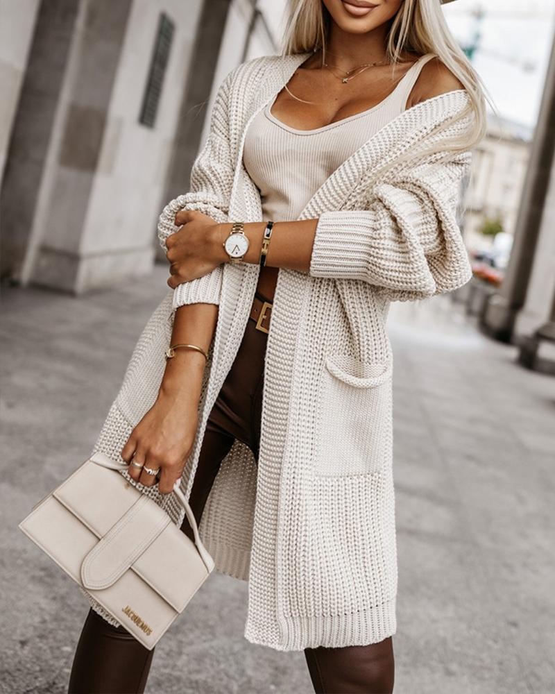 

Open Front Pocket Design Knit Casual Cardigan, Beige