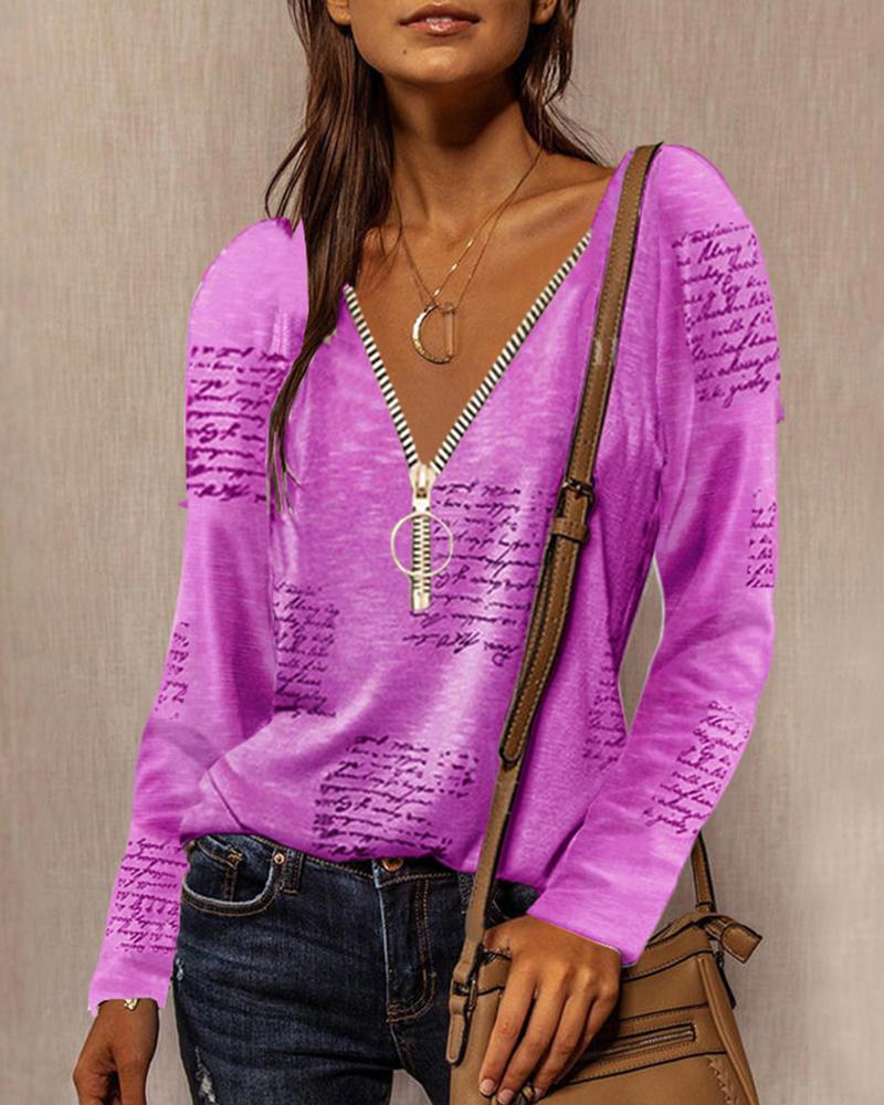 Kaufen Letter Print Zipper V-Neck Long Sleeve Top. Bild