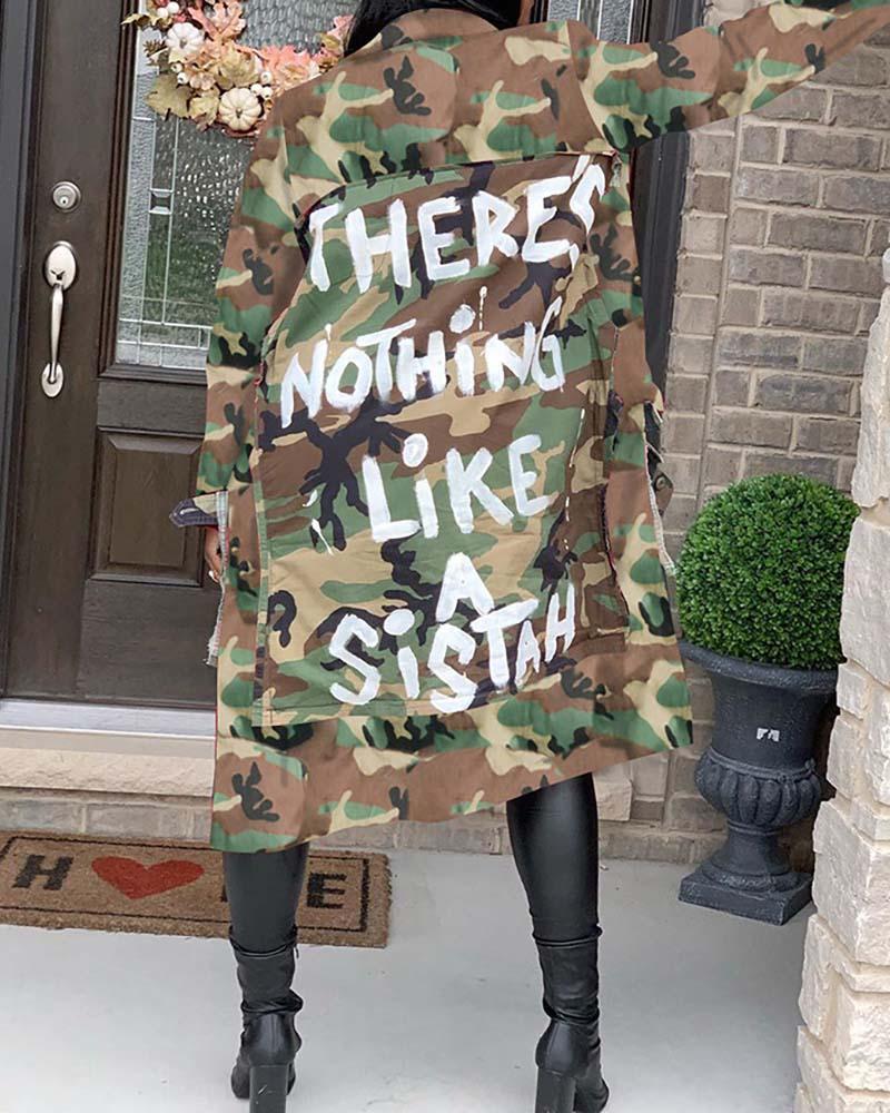 

Letter Print Camouflage Pocket Design Longline Coat, Army green