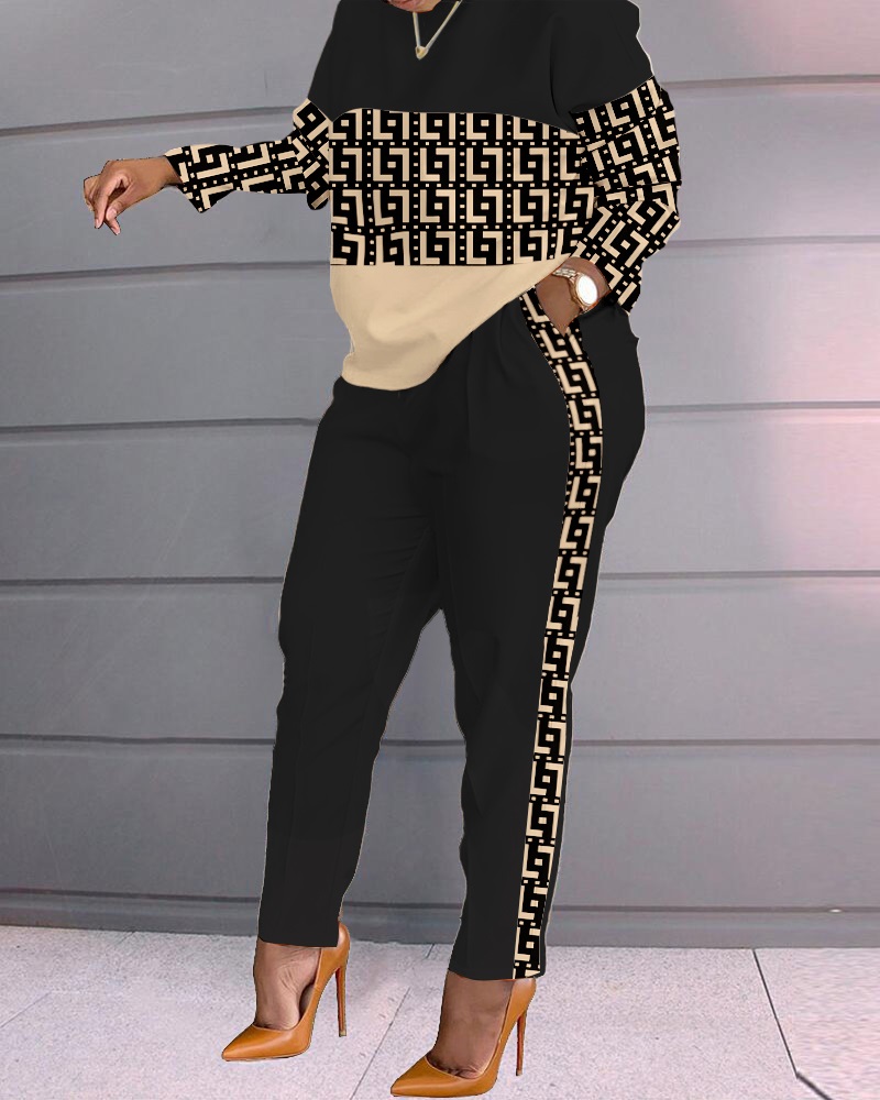 

Plus Size Geometric Print Colorblock Long Sleeve Top & Pants Set, Khaki