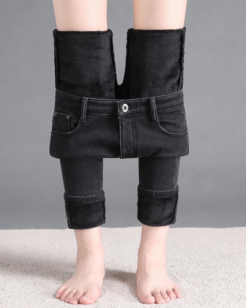 

High Waist Fleece Lined Jeans, Black