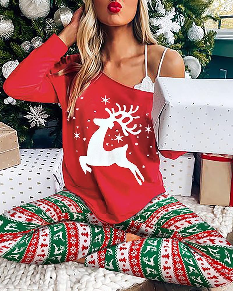 

Christmas Mixed Print Long Sleeve Top & Pants Set, Multicolor