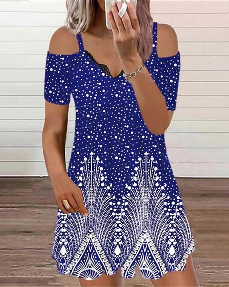 

Allover Print Cold Shoulder Lace Trim Casual Dress, Blue