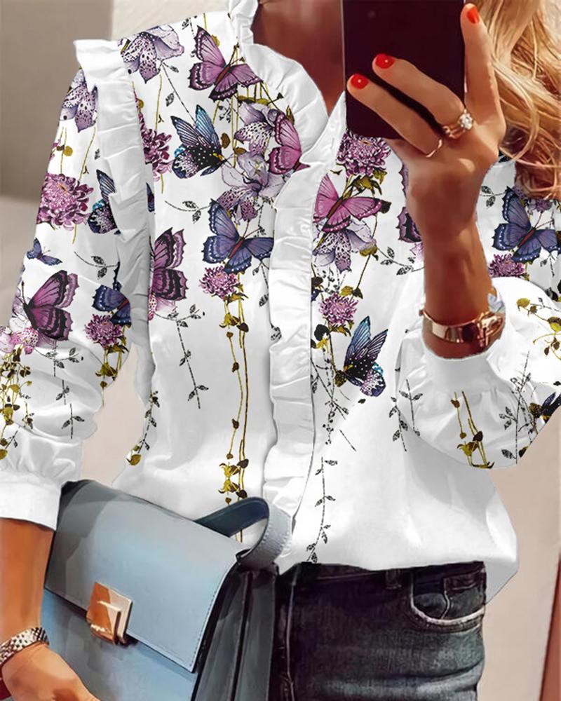 

Butterfly Floral Print Frill Hem Long Sleeve Top, White