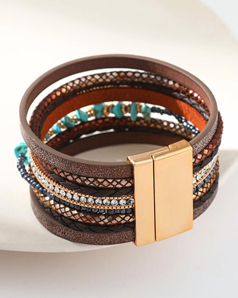 

1pc Bohemian Turquoise Beaded Wide Magnet Bracelet, Brown