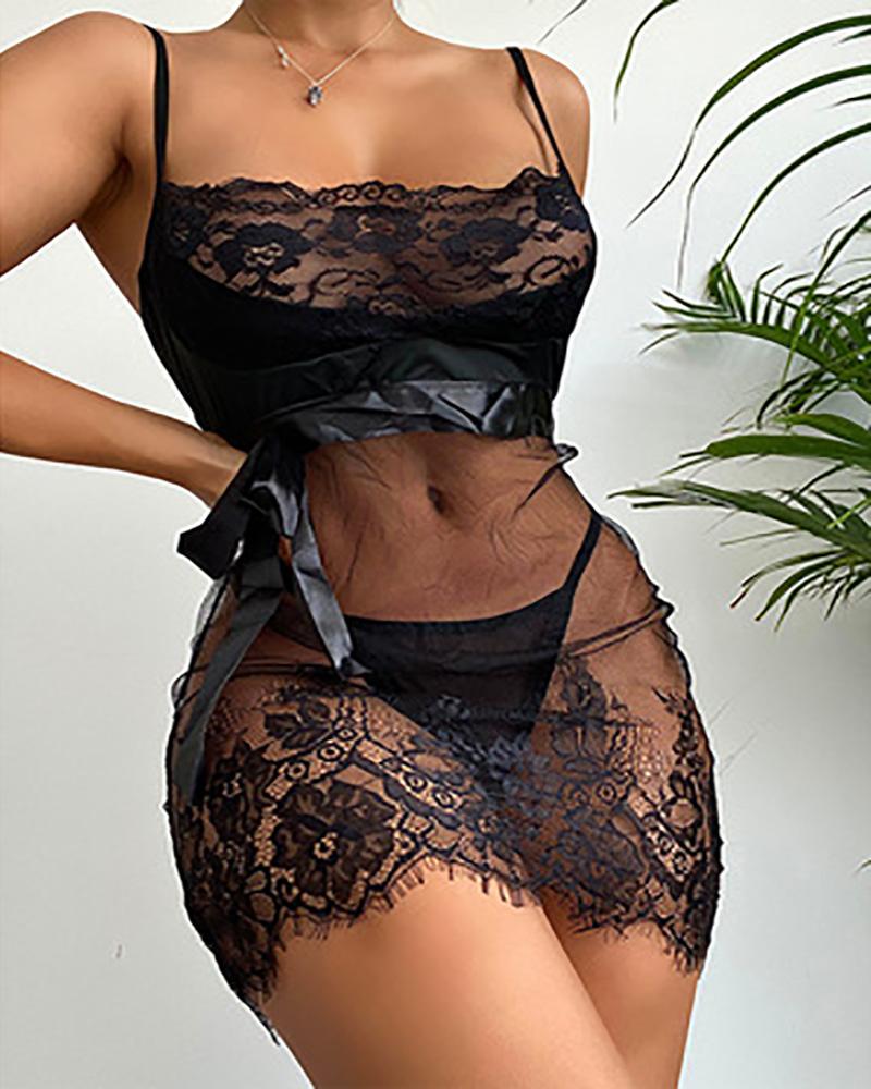 

Eyelash Crochet Lace Tied Detail Sheer Mesh Babydoll, Black
