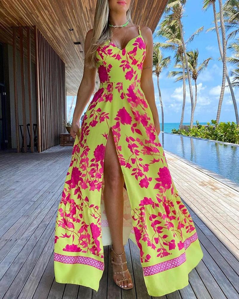 

Floral Print Spaghetti Strap High Slit Maxi Dress, Yellow