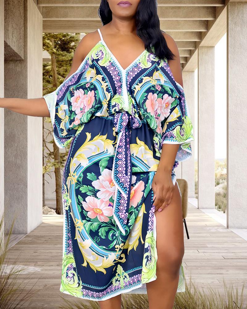 

Plus Size Scarf Print Cold Shoulder Slit Dress, Blue