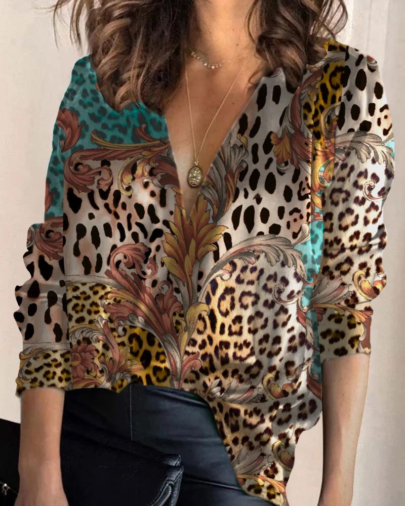 

Cheetah Floral Print V-Neck Long Sleeve Top, Multicolor