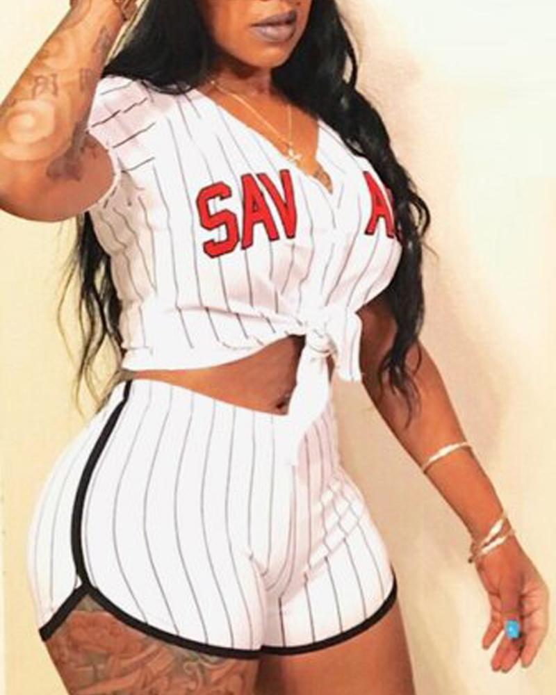 

Striped Letter Print Buttoned Top & Shorts Set, White