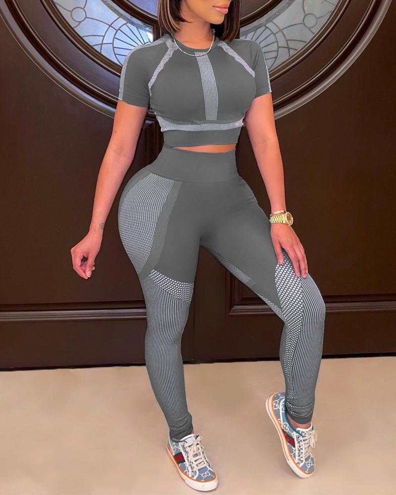 

Colorblock Crop Top & High Waist Skinny Pants Set, Gray