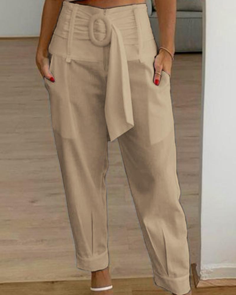 

High Waist Belted Pocket Design Pants, Apricot