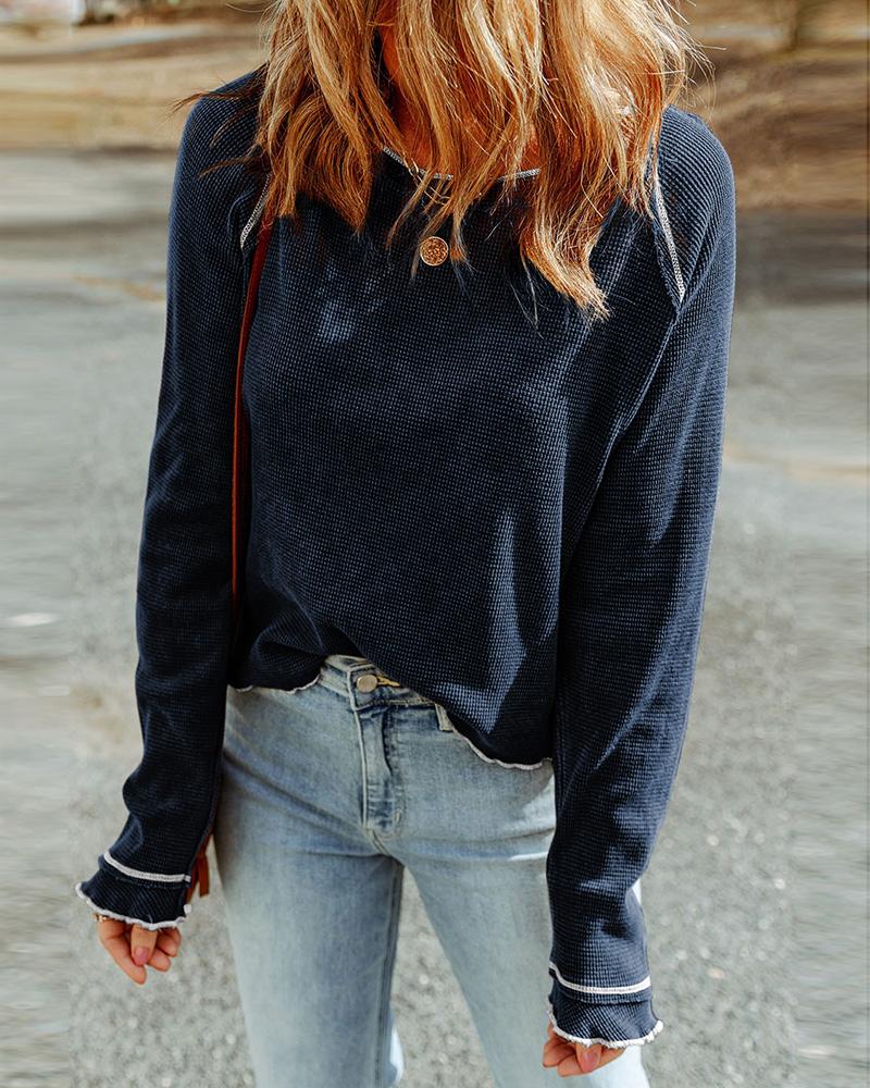 

Contrast Piping Long Sleeve Top, Blue