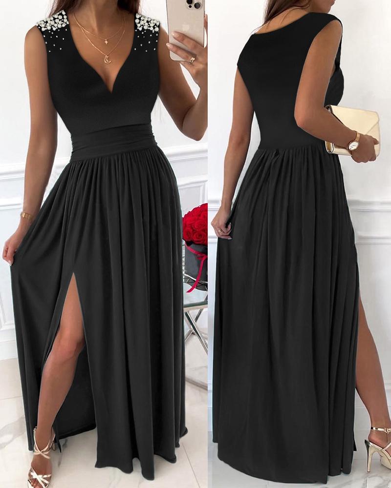 

Beaded Decor Sleeveless High Slit Party Dress, Black