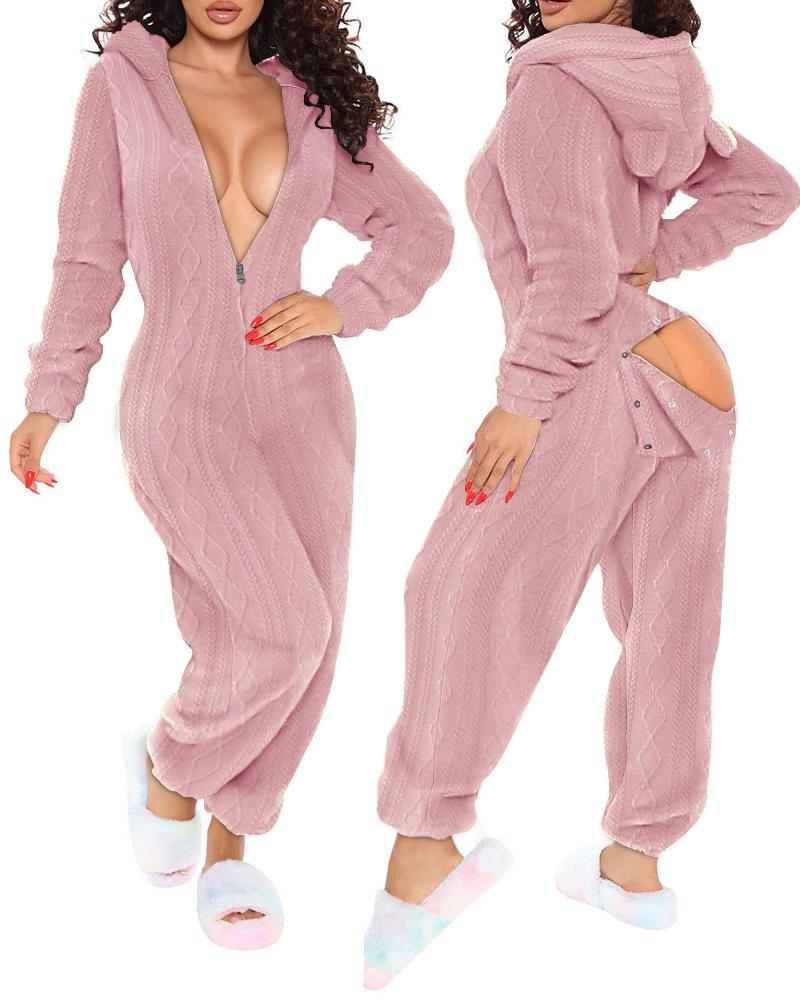 

Cable Textured Zipper Fly Flap Hooded Onesie, Pink