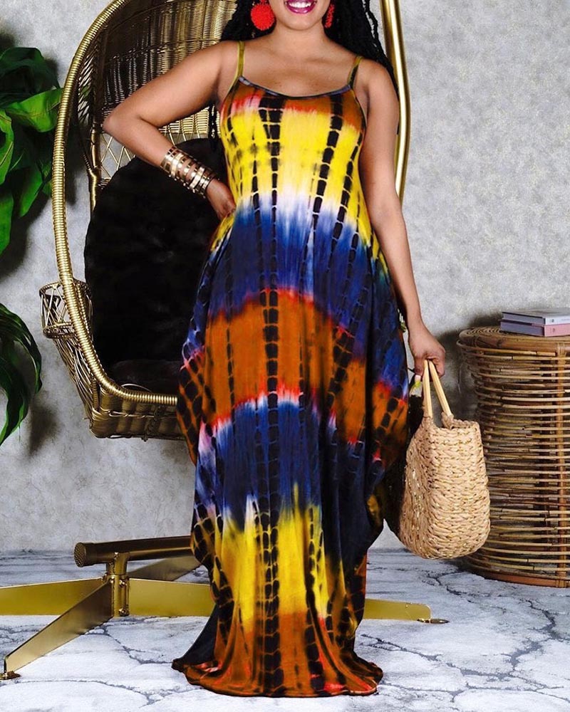 

Tie Dye Print Spaghetti Strap Maxi Dress, Yellow