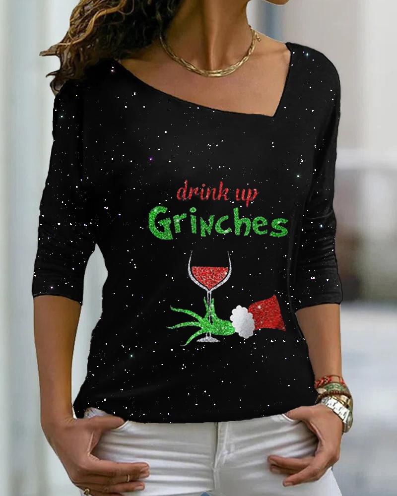 

Christmas Grinch Print Asymmetrical Neck Glitter Top, Black