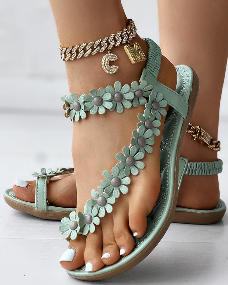 

Floral Pattern Toe Post Sandals, Green