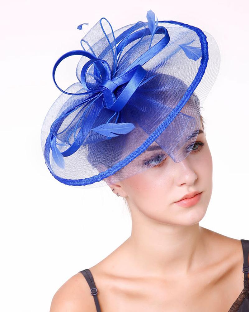 

1pc Bowknot Fascinator Hat Feather Sheer Mesh Headband Bridal Wedding Cocktail Tea Party Headwear, Blue