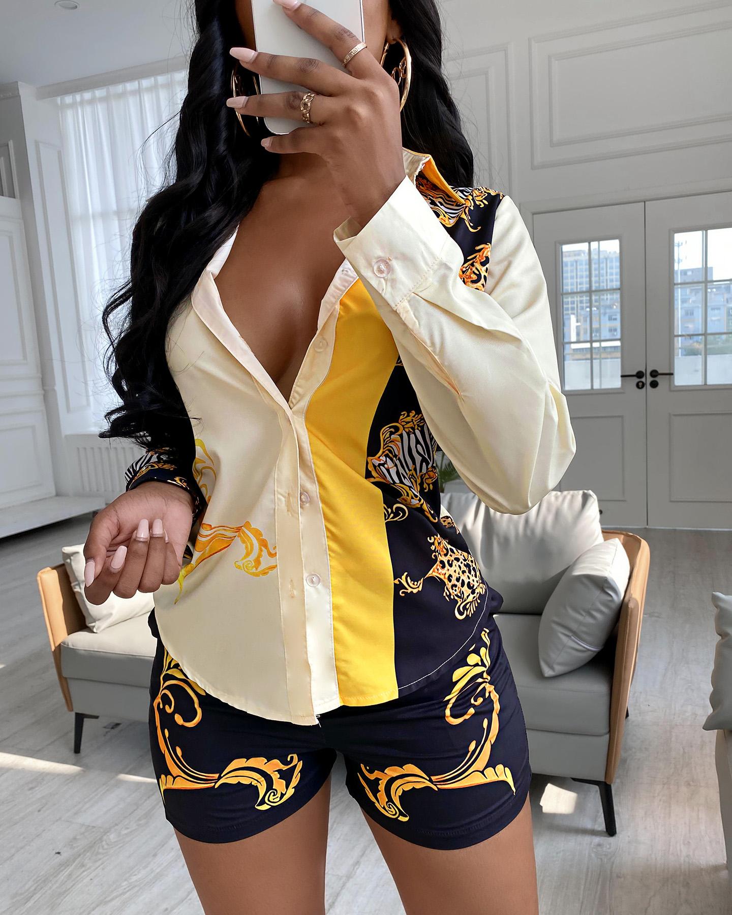 

Scarf Print Button Front Shirt & Shorts Set, Yellow
