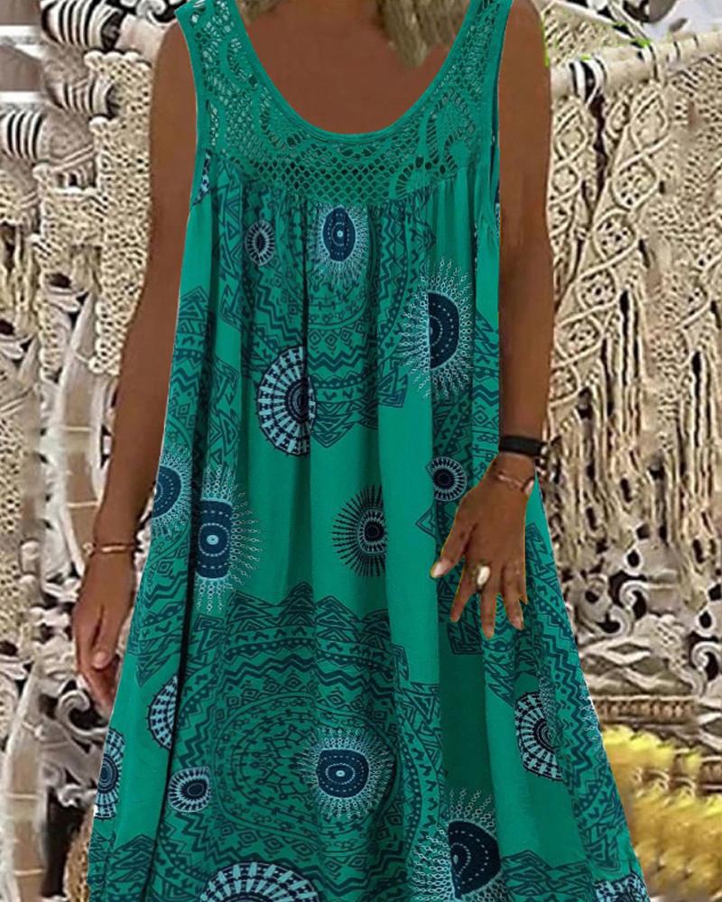 

Vintage Geometric Print Sleeveless Casual Dress, Green
