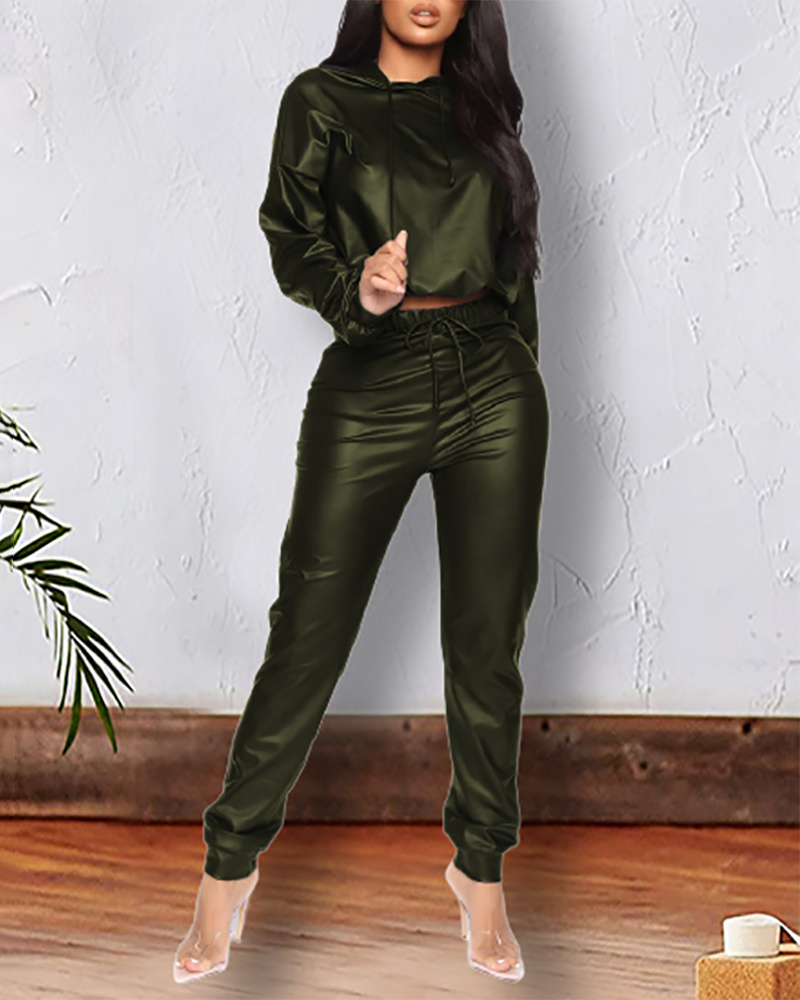 

PU Leather Long Sleeve Hooded Top & Drawstring Pants Set, Green