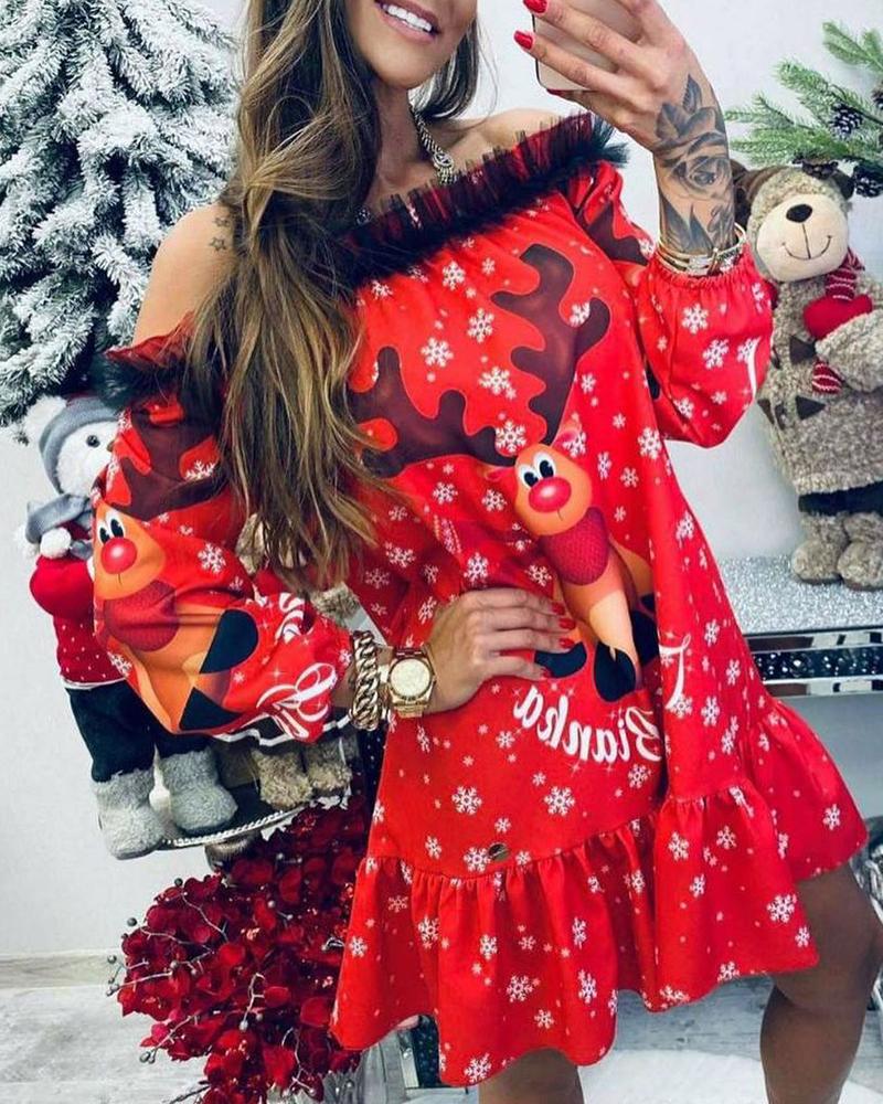 Christmas Off Shoulder Sheer Mesh Deer Snowflake Print Casual Dress