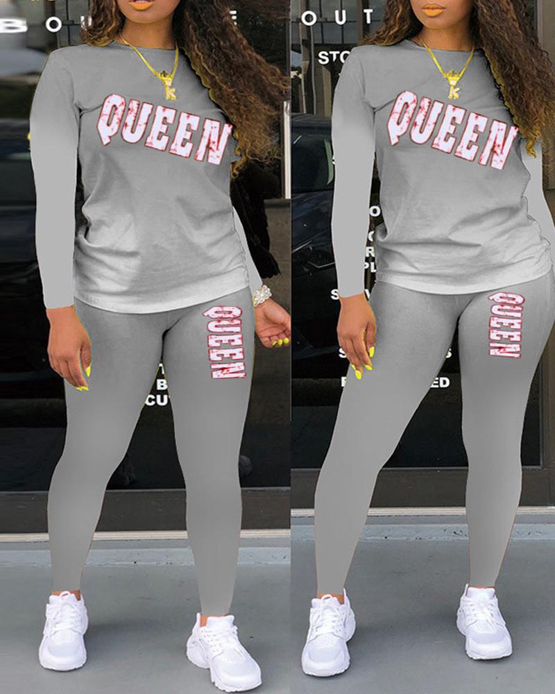 

Letter Print Ombre Colorblock Long Sleeve Top & Pants Set, Gray