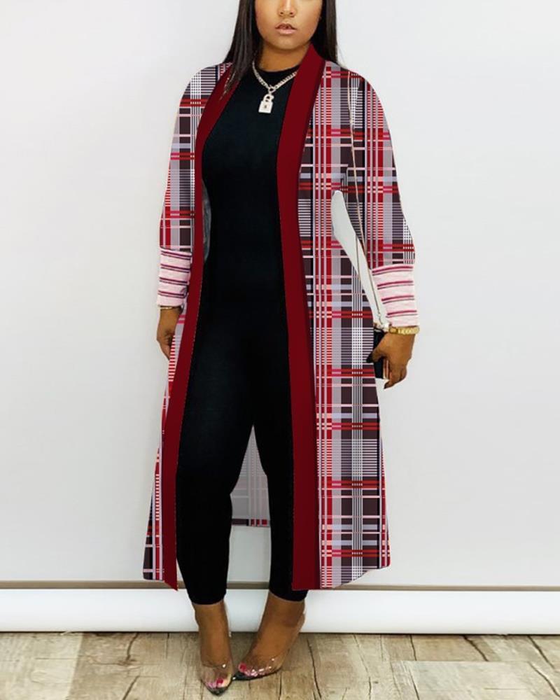 

Plus Size Plaid Print Open Front Longline Coat, Red