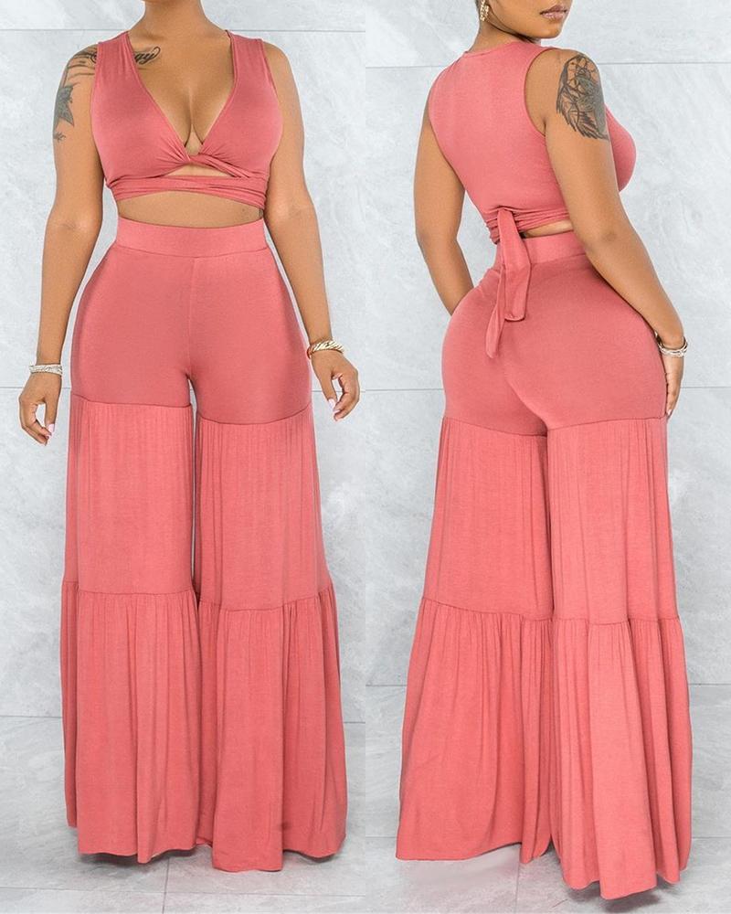 

Solid Color Lace-up Ruched Tank Top With Wide Leg Pants Suit Sets, Pink