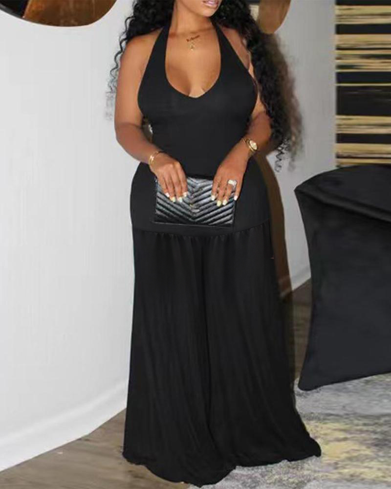 

Plain Halter Wide Leg Jumpsuit, Black