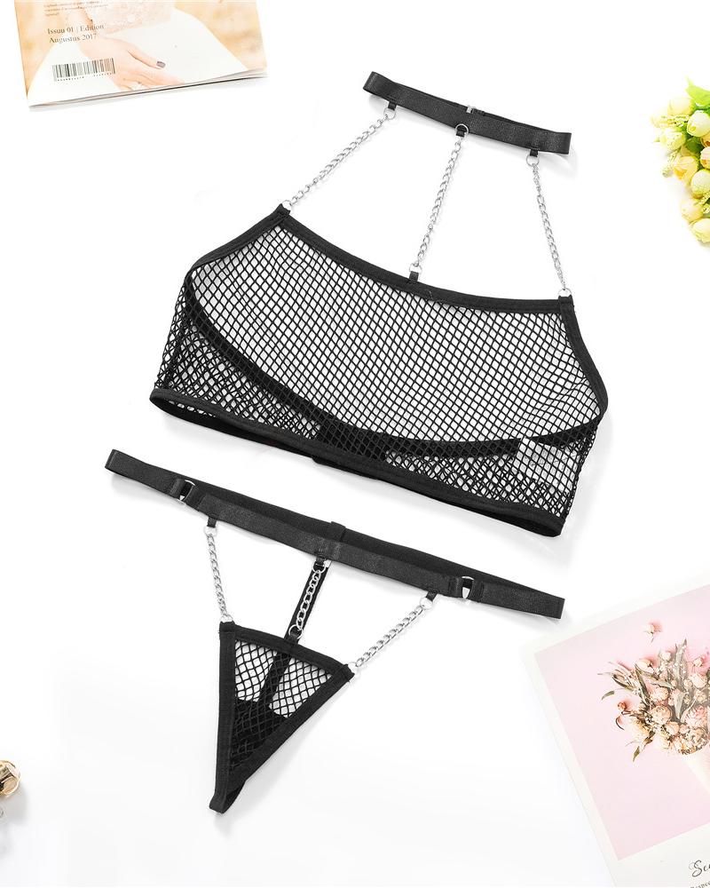 

Chain Decor Contrast Binding Fishnet Lingerie Set, Black