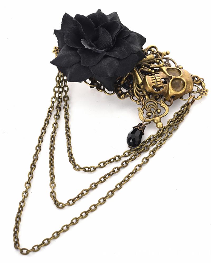 

Vintage Skull Rhinestone Brooch Retro Personality Rose Chain Tassel Brooch Halloween Holiday Gift, Black