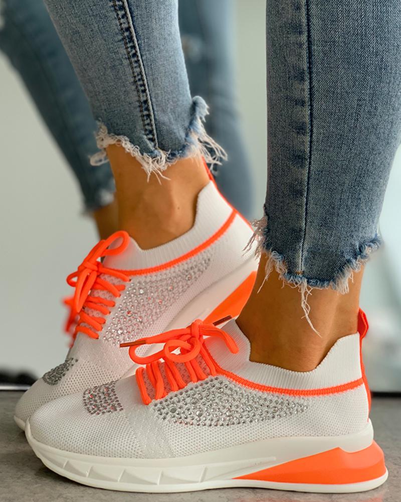 

Knit Studded Lace-up Colorblock Sneakers, Orange