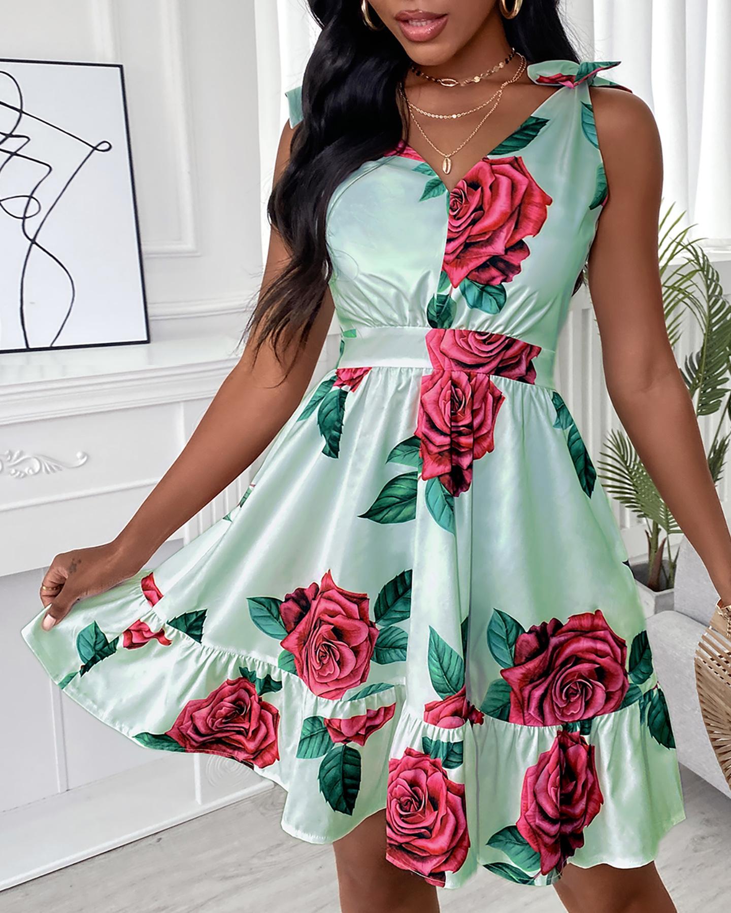 

Floral Print Sleeveless Dress, Green