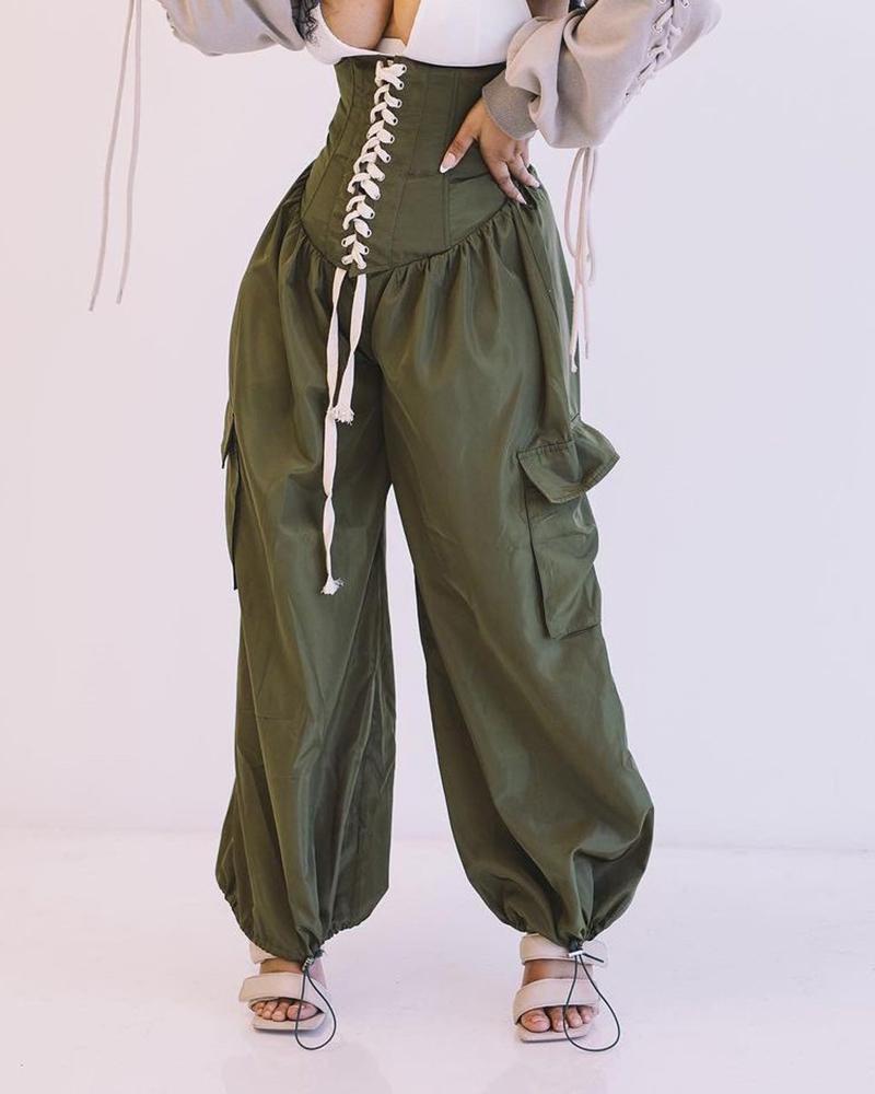 

High Waist Eyelet Lace Up Wide Leg Pants, Green