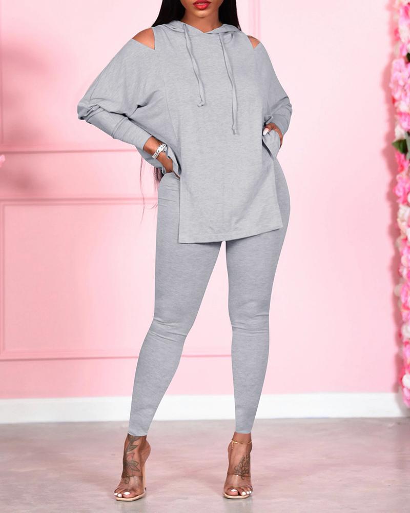 

Cold Shoulder Slit Hooded Top & Pants Set, Gray