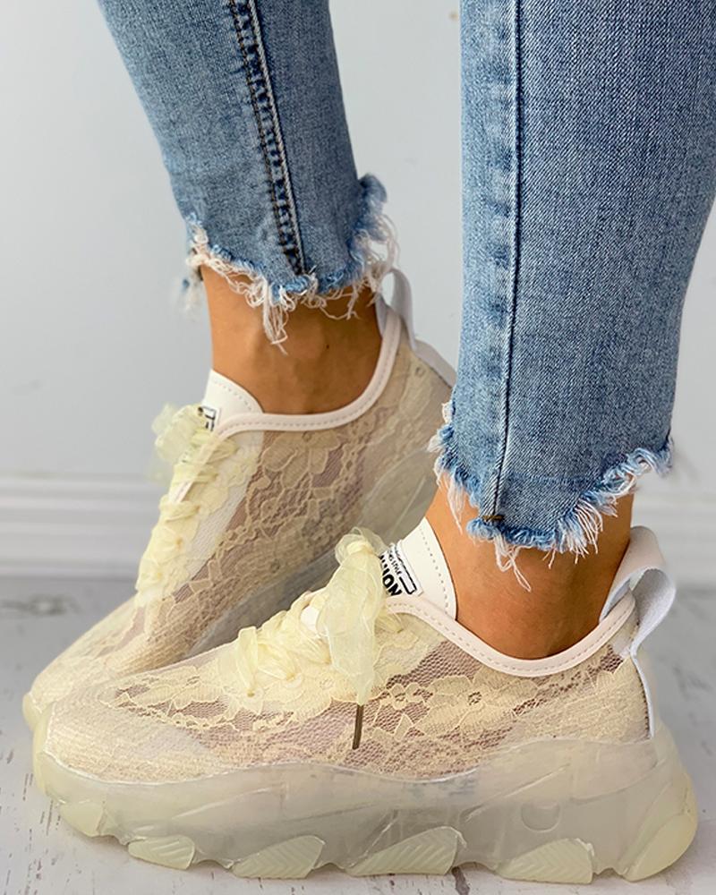 

Lace-up Crochet Lace Muffin Sneakers, Yellow