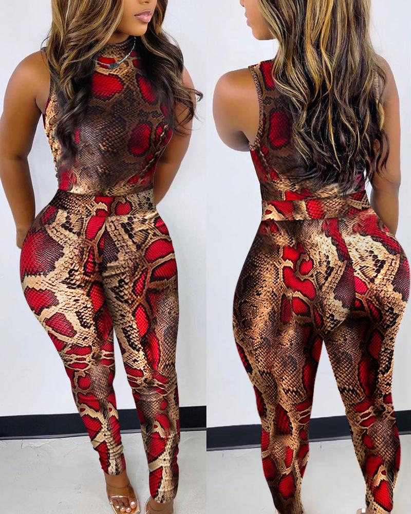 

Snakeskin Print Sleeveless Top & Pants Set, Red