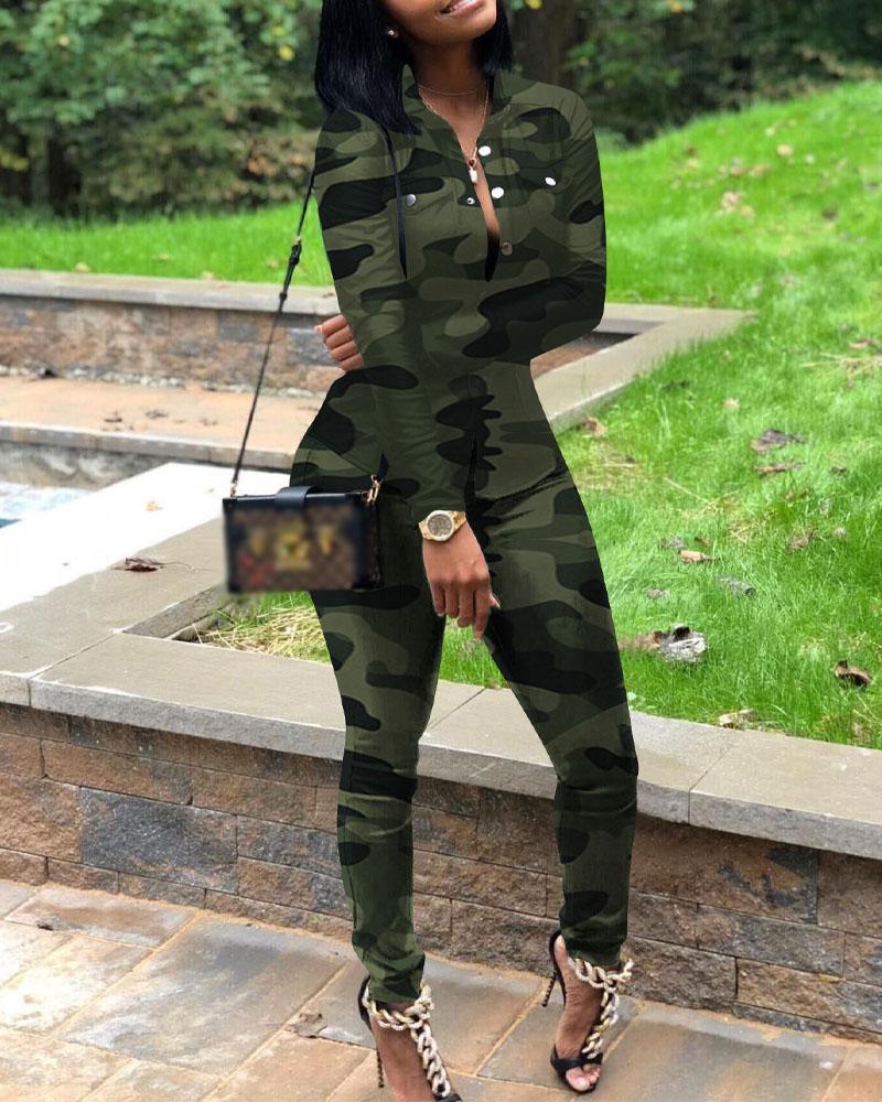 

Camouflage Print Long Sleeve Shirt & Pants Set, Green