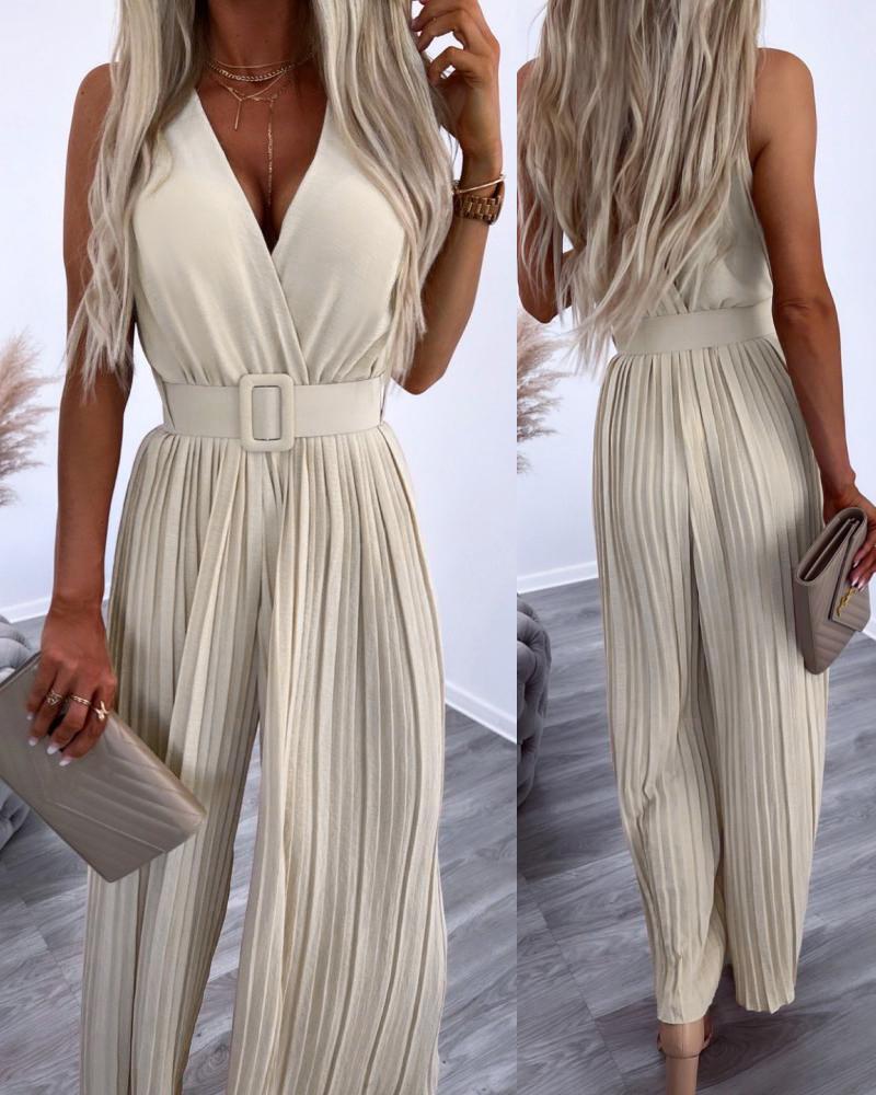 

V-Neck Wide Leg Pleated Jumpsuit, Apricot