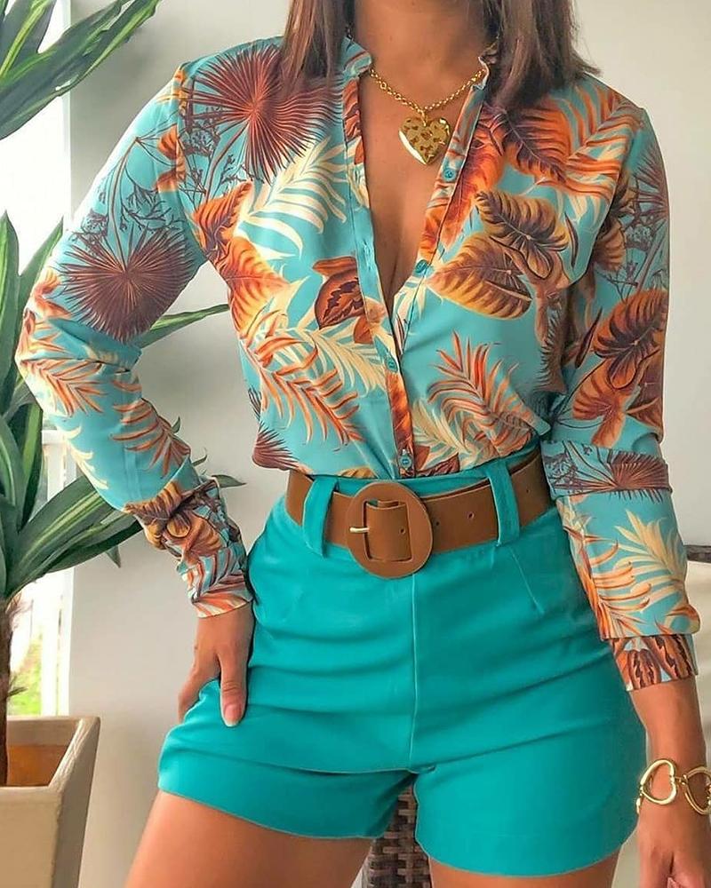 

Floral Long Sleeve Loose Blouse, Blue