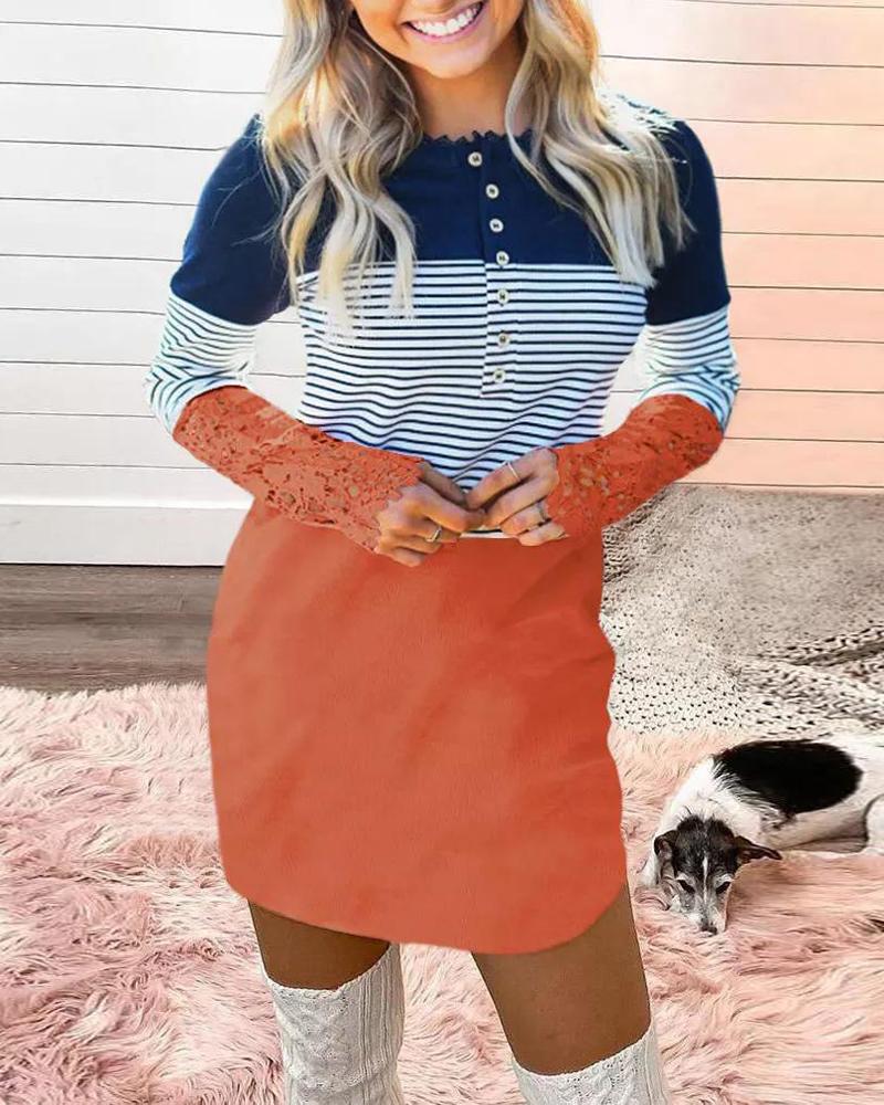 

Striped Print Colorblock Contrast Lace Long Sleeve Dress, Orange