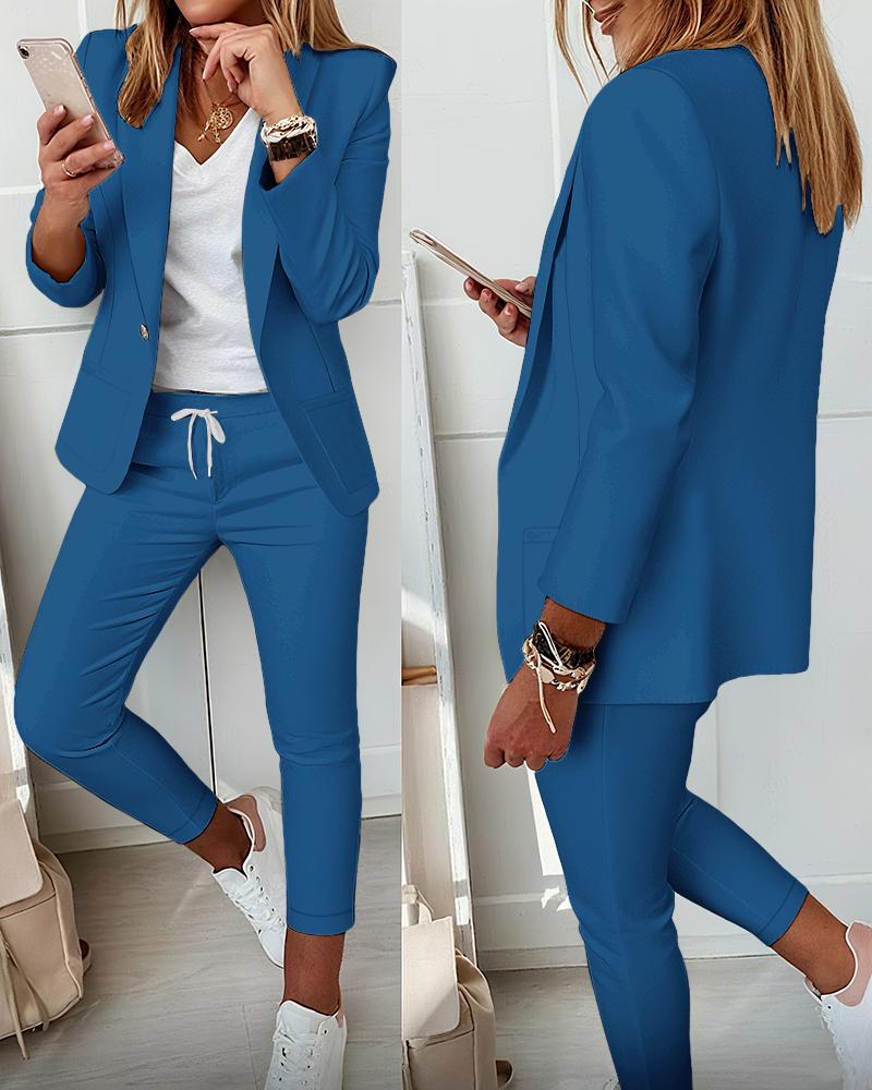 

Conjunto de 2 piezas de chaqueta con cuello de solapa y pantalón con cordón, Purplish blue