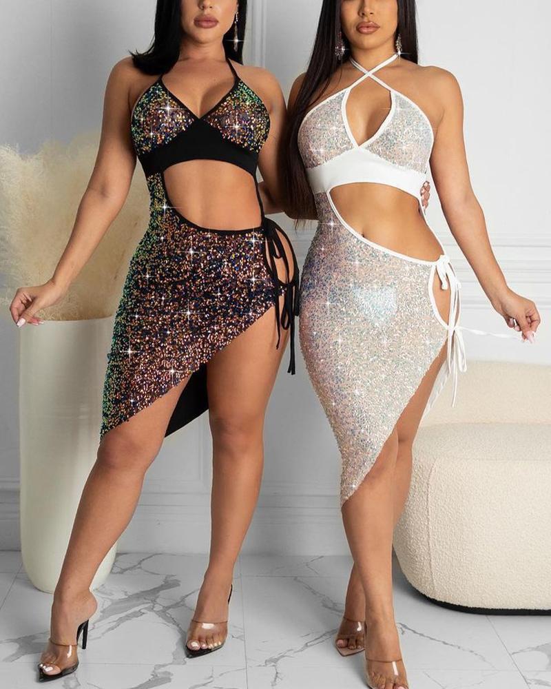 

Rhinestone Halter Cutout Tie Side Asymmetrical Dress, White