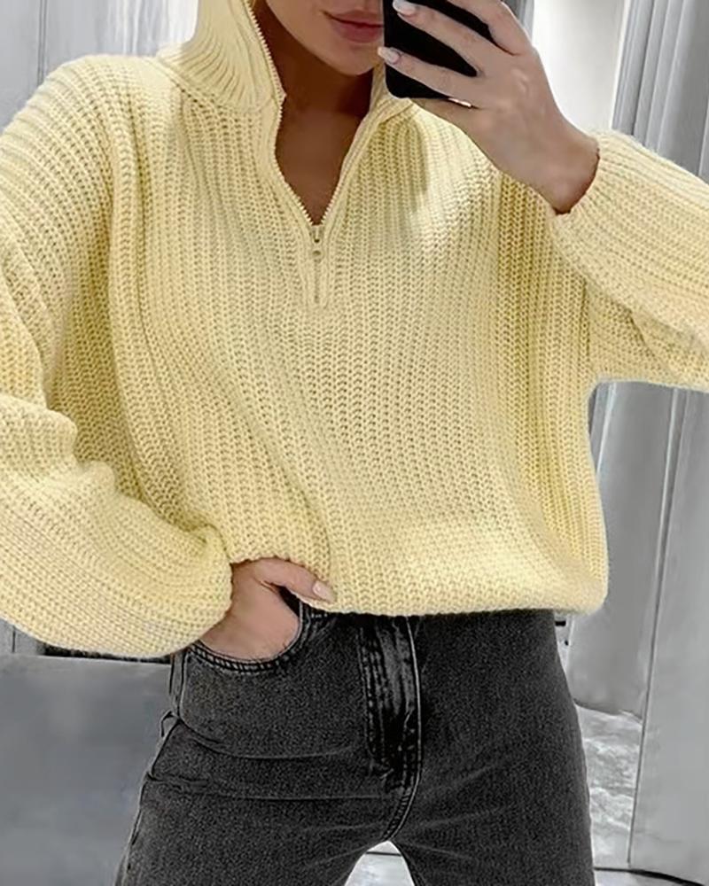 

Knit Zip Design High Neck Long Sleeve Sweater, Yellow