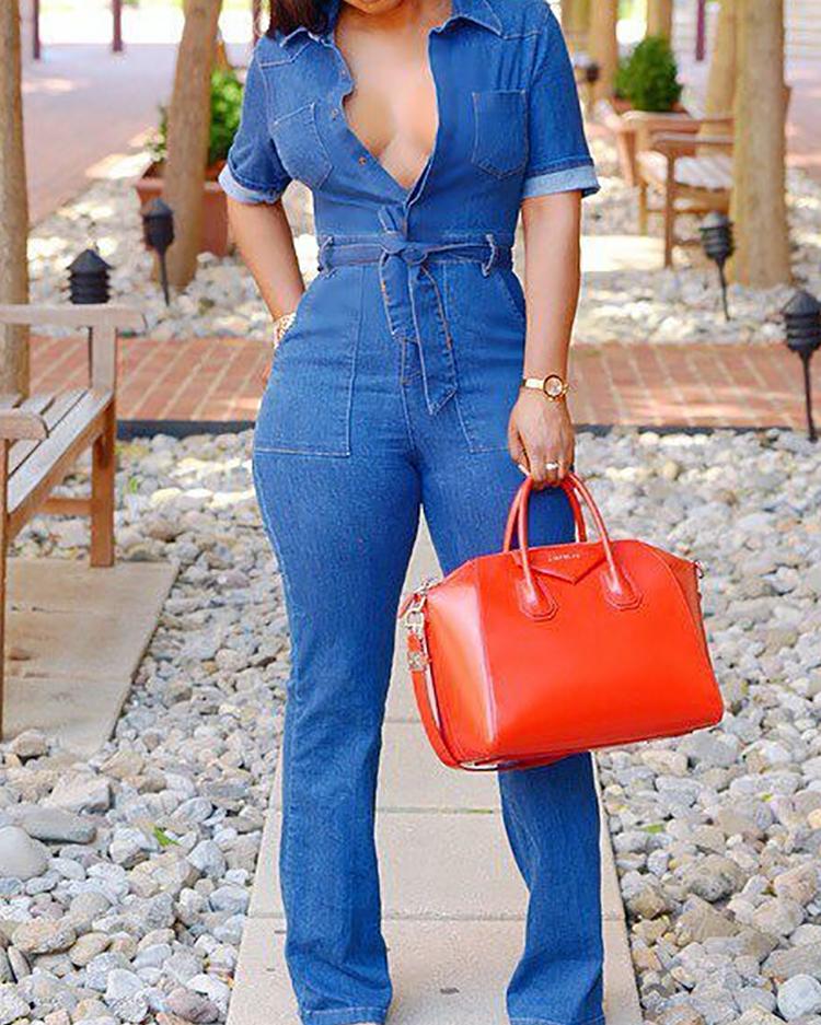

Sexy Tied Waist Pocket Denim Jumpsuits, Dark blue